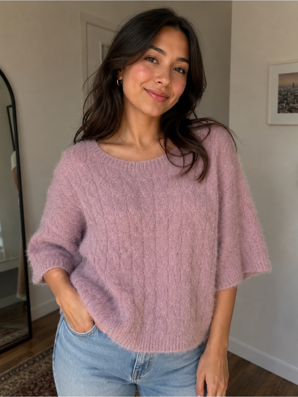 Cyrus Dusty Rose Fuzzy Cable-Knit Short Sleeve Sweater